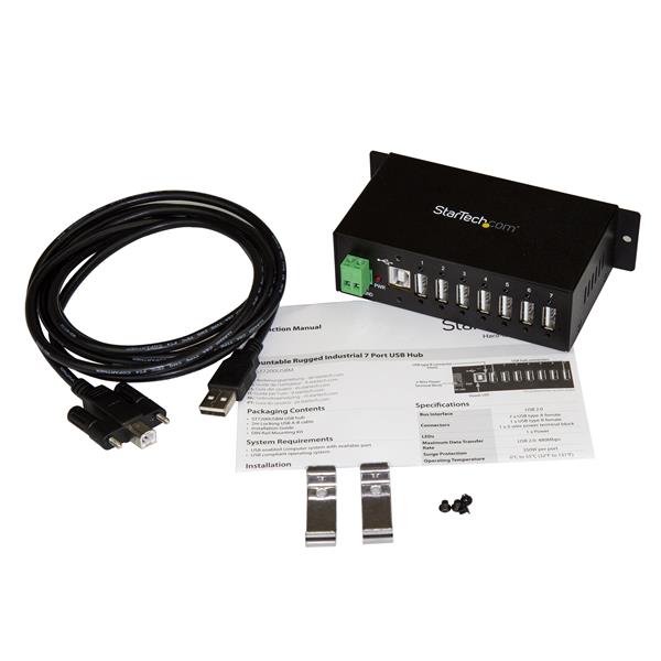Startech.com ST7200USBM Hub USB 2.0 a 7 porte - Hub USB-A industriale in metallo con protezione ESD e dalle sovratensioni 350W - Montaggio su guida DIN/parete/scrivania - Hub di espansione USB - TAA (ST7200USBM)