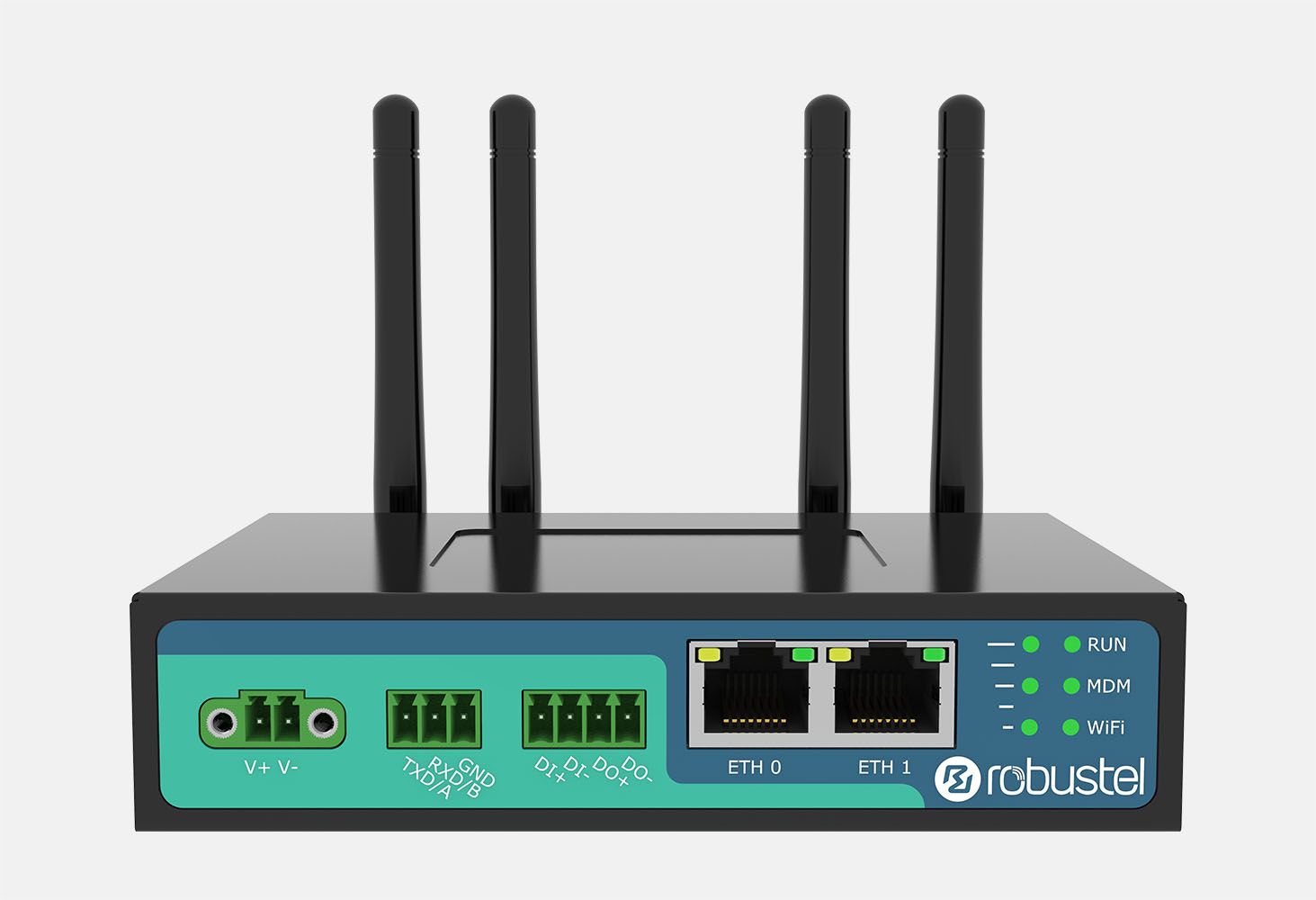 ROBUSTEL B069711 ROUTER R2010-A-4L-A23CN B069711: LTE CAT4 India+China, WiFi, 2xSIM, 2xEth, 1xDI, 1xDO, 1xRS232 or 1xRS485 selected by software, 9~36VDC, 4G Rubber Antenna E003168*2, WiFi/BT Rubber antenna E003203*2