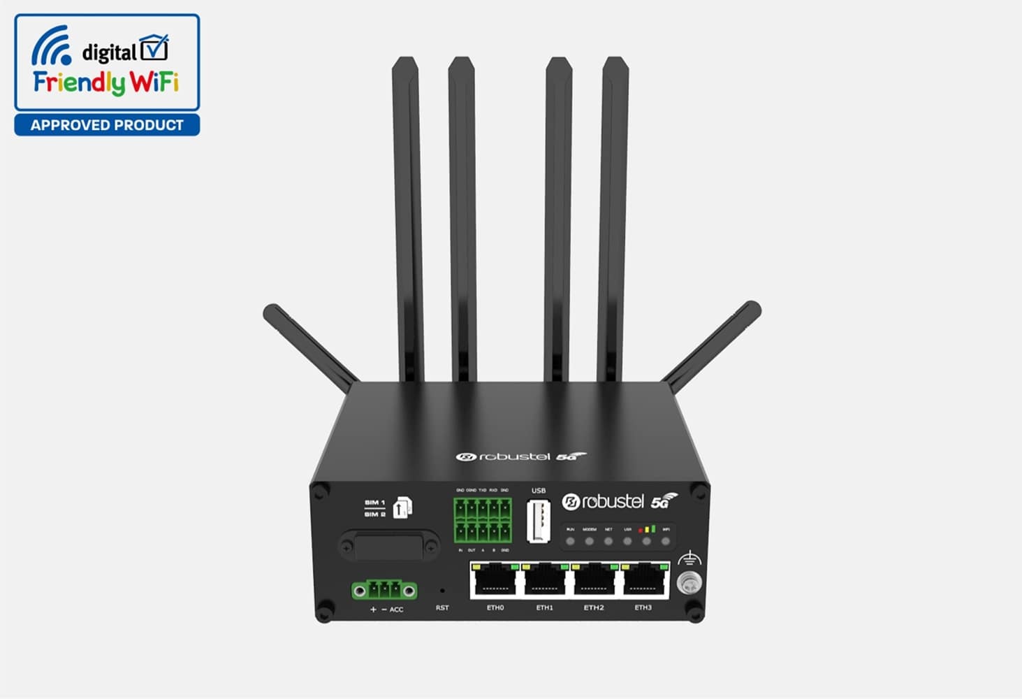 ROBUSTEL B064802 ROUTER R5020-5G-A09GL-B B064802: 5G Global, WiFi, POE-PD, Dual SIM, 4xEth, 1xRS232, 1xRS485, 1xDI, 1xDO, 1 x Micro SD, 9~36 VDC , 5G Rubber Antenna E003174*4, WiFi Dual-band rubber antenna E003142*2, Power Supply S011043, EU+US+UK+AU, Wal