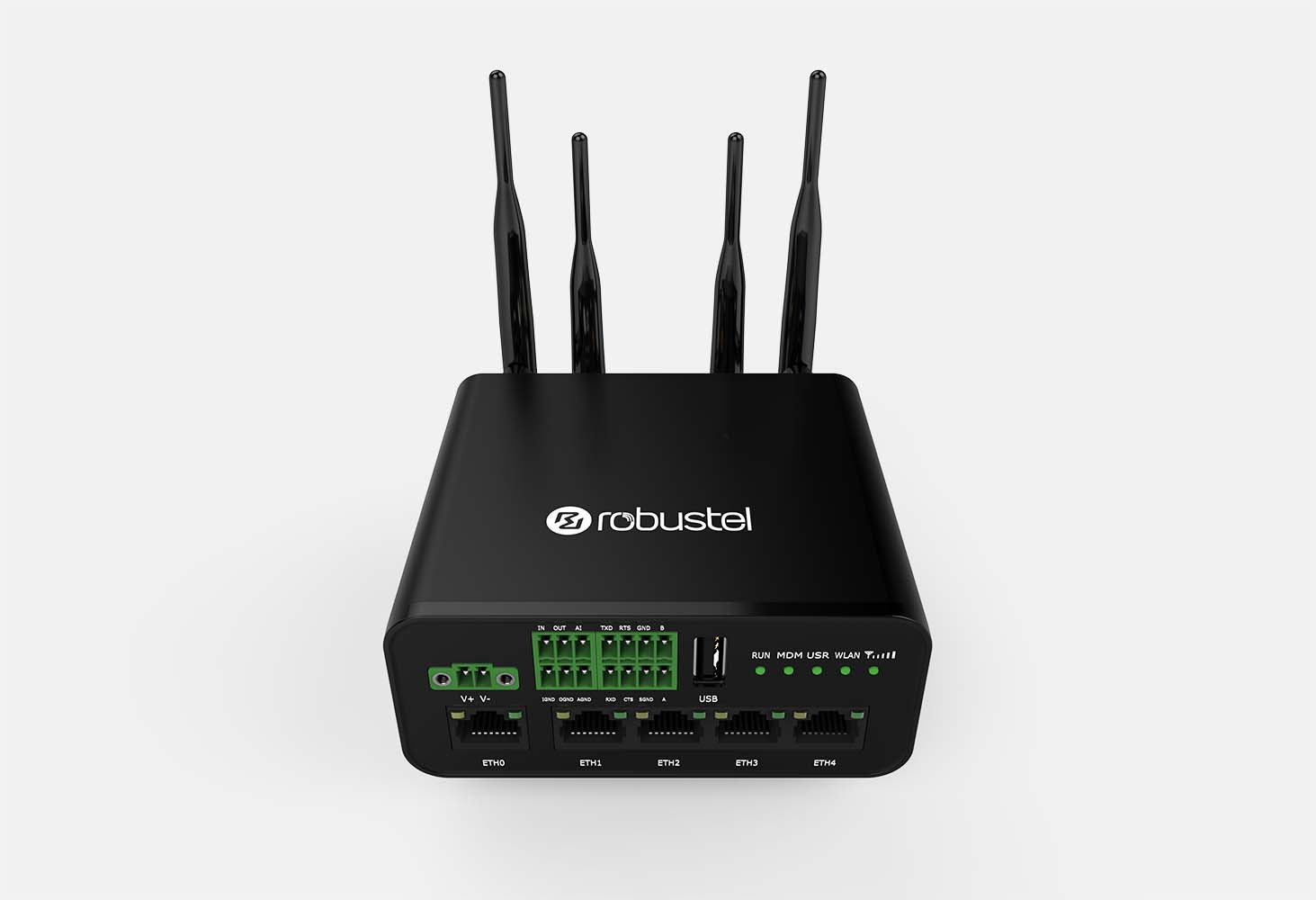 ROBUSTEL B056701 ROUTER R1520-4L Global B056701: LTE CAT4 Global, WiFi, GNSS, POE-PD, 2xSIM, 5xEth, 1xDI, 1xDO, 1xRS232, 1xRS485, 9~36VDC, 4G Rubber Antenna E003168*1, WiFi/BT Rubber antenna E003203*1