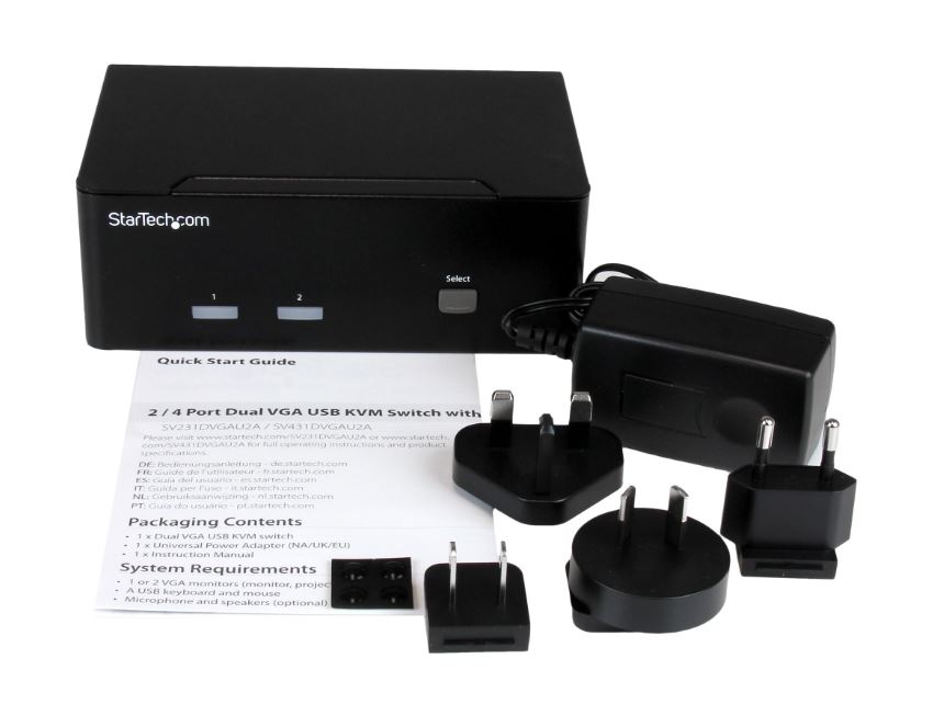 Startech.com SV231DVGAU2A Conmutador KVM de 2 puertos con VGA doble y concentrador USB 2.0 de 2 puertos - Switch KVM con Hub USB y Audio